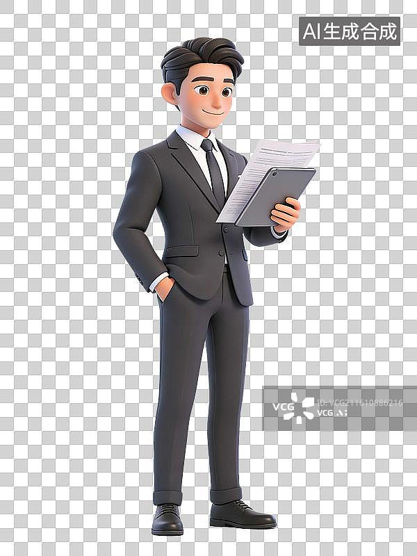 【AI数字艺术】年轻男性面带微笑，手持文件，穿着黑色西装，职业形象鲜明图片素材