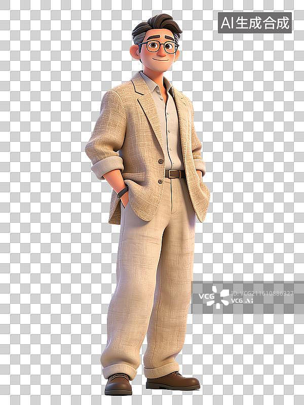 【AI数字艺术】戴眼镜的中年男性，面带微笑，双手插兜，身穿浅色西装和皮鞋，是一位学者或教师图片素材