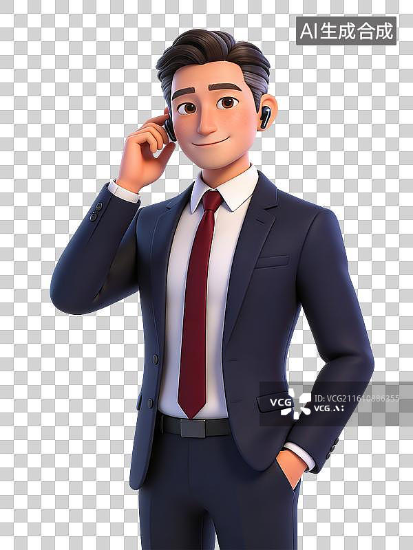 【AI数字艺术】年轻男性，穿深色西装打领带，面带微笑，手持手机通话，佩戴无线耳机，职业形象图片素材