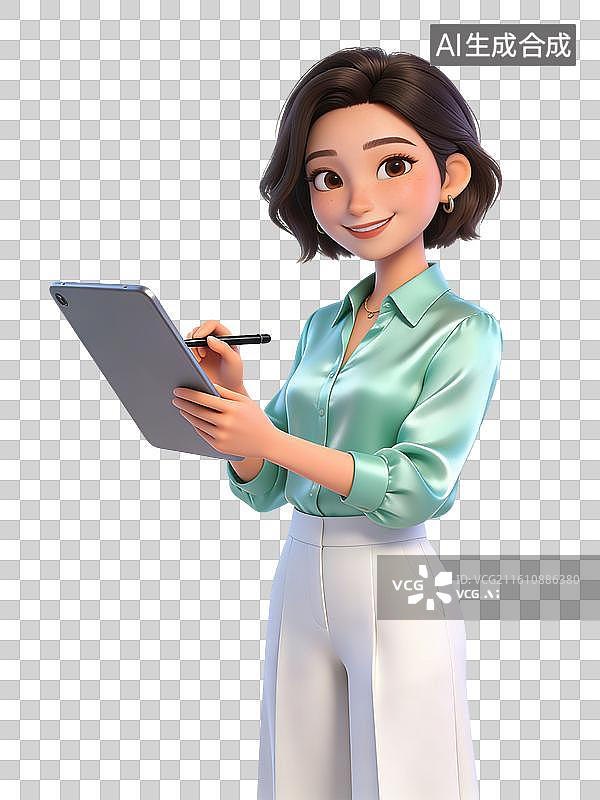 【AI数字艺术】短发女性，面带微笑，手持平板和笔，穿绿色衬衫和白色裤子，是专业人士图片素材