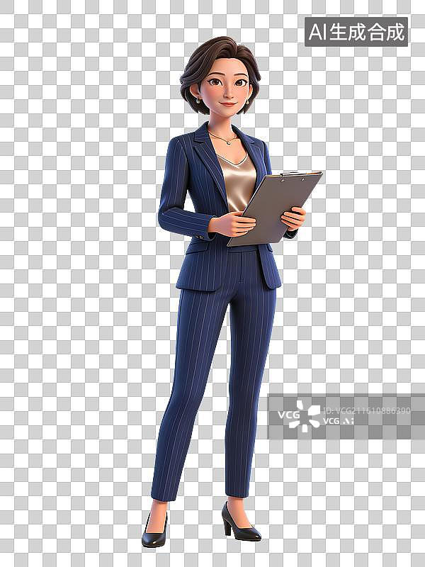 【AI数字艺术】年轻女性，短发微笑，手持平板，身着蓝色条纹西装与高跟鞋，职业装扮图片素材