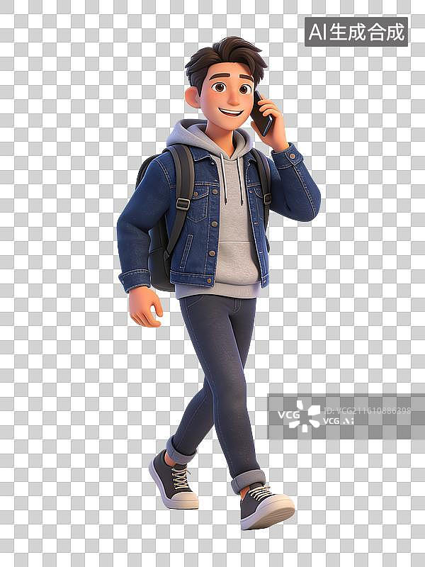 【AI数字艺术】年轻男性学生，面带微笑，走路打电话，穿牛仔夹克、灰色连帽衫、黑色裤子和运动鞋，背着书包图片素材