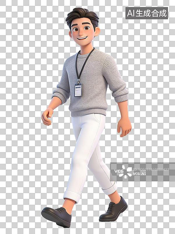 【AI数字艺术】年轻男性，面带微笑，穿着灰色毛衣和白色裤子，佩戴工作证，步态轻松图片素材