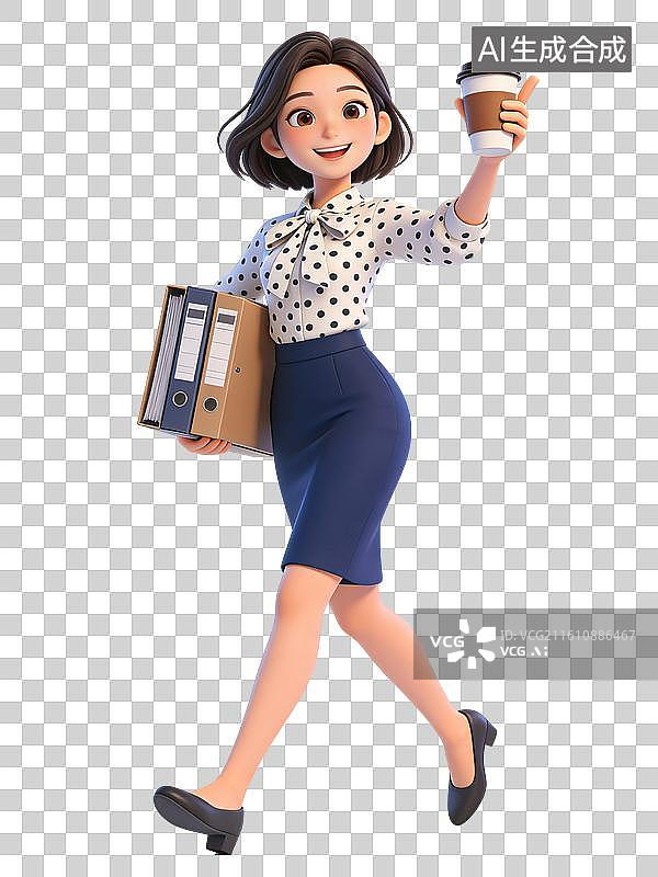 【AI数字艺术】年轻女性，面带微笑，手持咖啡和文件夹，穿着波点衬衫和蓝色裙子，步伐轻快，为职场人士图片素材