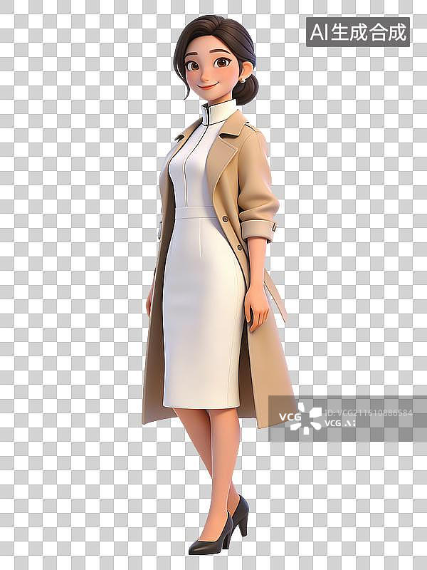 【AI数字艺术】年轻女性微笑站立，身着白色连衣裙与卡其色风衣，搭配黑色高跟鞋，优雅职业图片素材