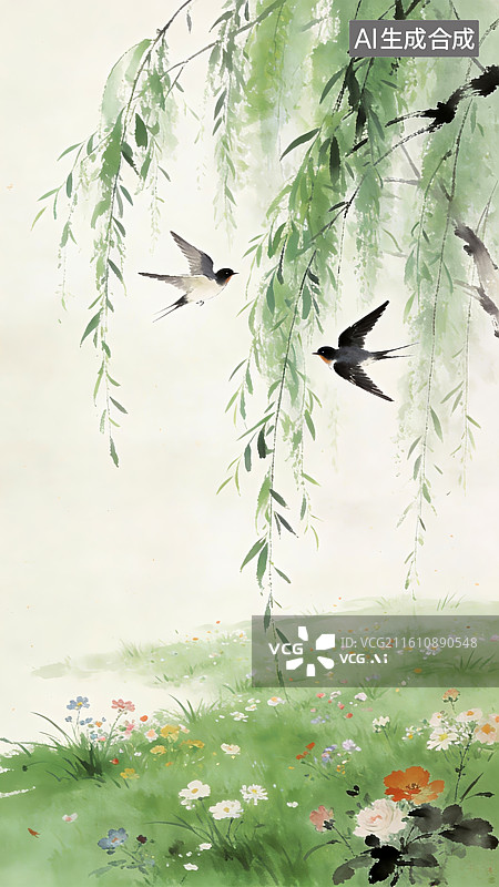 【AI数字艺术】春柳飞燕图图片素材