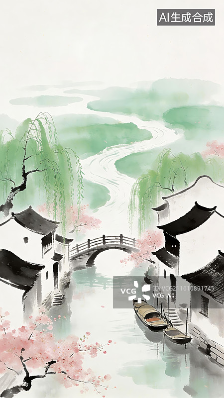 【AI数字艺术】江南水乡水彩画风景图片素材