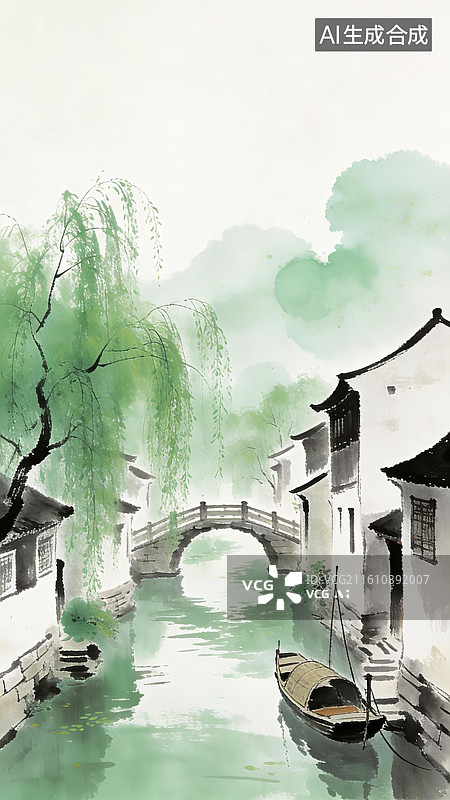 【AI数字艺术】江南水乡水彩画风景图片素材
