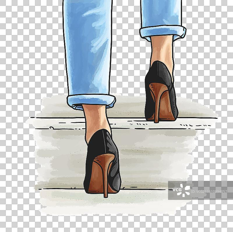 水彩画，描绘了穿着牛仔裤的女性小腿图片素材