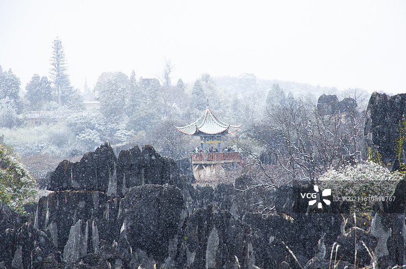 石林雪景——远眺望峰亭图片素材