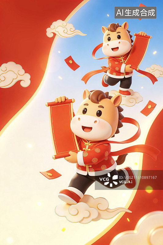 【AI数字艺术】新年春节跨年拜年除夕马年十二生肖卡通马拿着对联庆祝快乐幸福插画图片素材