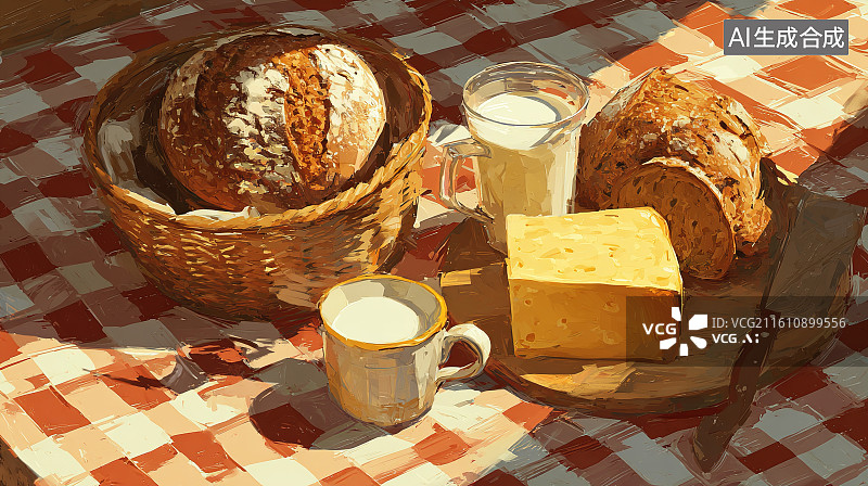 【AI数字艺术】阳光野餐中的面包与奶酪温馨餐点图片素材