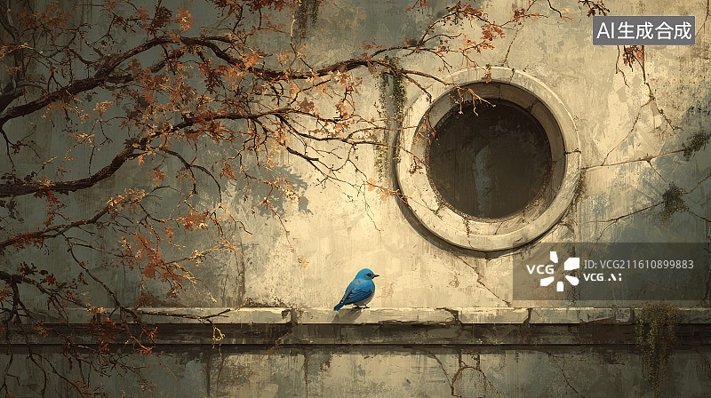 【AI数字艺术】秋日旧墙圆窗前的蓝色小鸟图片素材