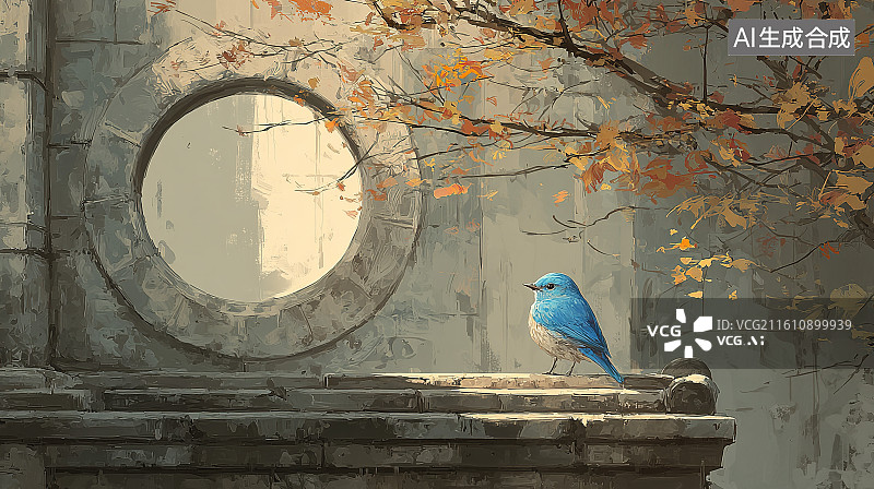 【AI数字艺术】秋日旧墙圆窗前的蓝色小鸟图片素材