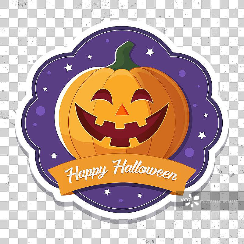 紫色背景上的万圣节快乐南瓜卡通贴纸图片素材