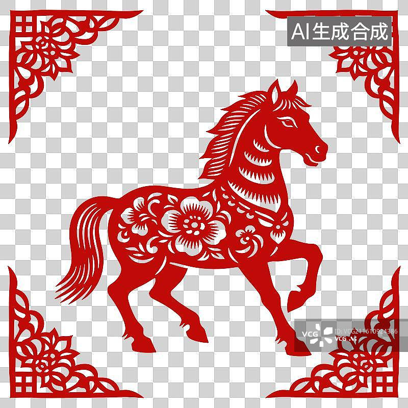 【AI数字艺术】红剪纸骏马纹图片素材