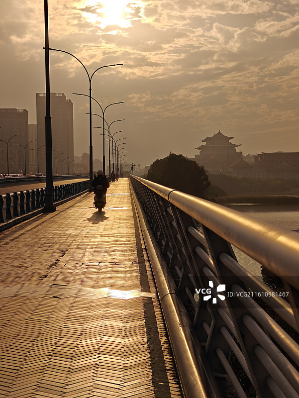 夕阳下的杏林湾大桥骑行的人背影图片素材