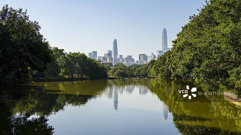 深圳中心公园湖泊城市倒影图片素材