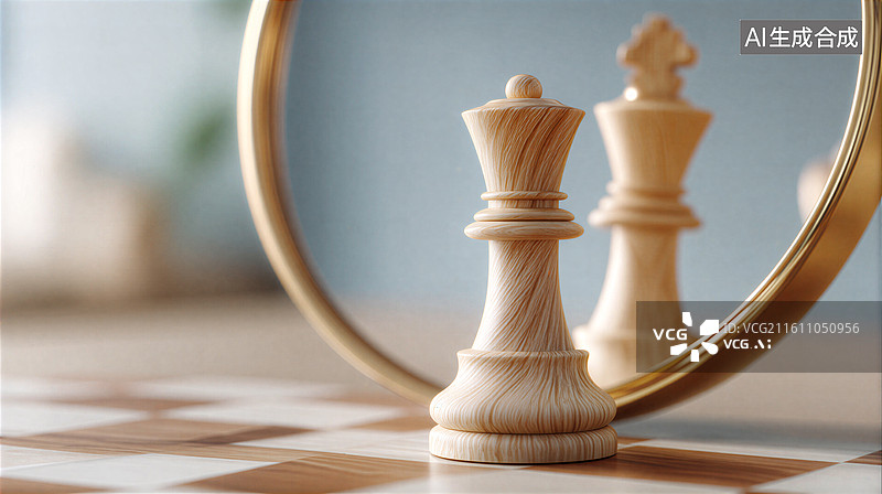 【AI数字艺术】棋盘上的棋子与镜子中的倒影图片素材