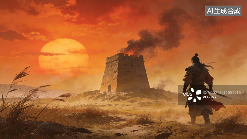 【AI数字艺术】夕阳下战士走向燃烧的塔楼图片素材