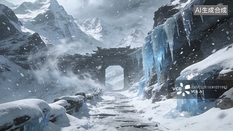 【AI数字艺术】雪山冰瀑中的古桥图片素材