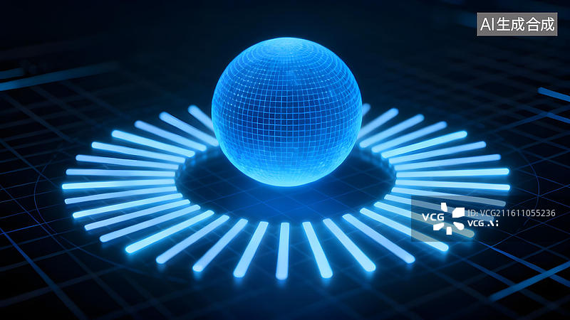 【AI数字艺术】蓝色光球与放射状光条图片素材
