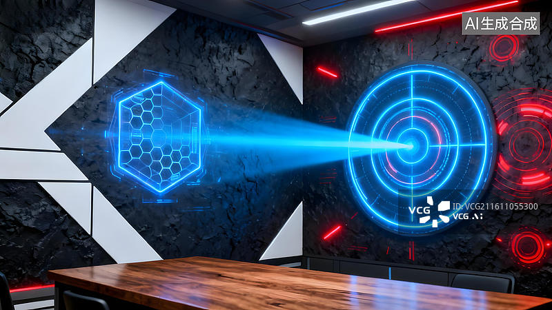 【AI数字艺术】科技感房间内蓝色光束投影图片素材