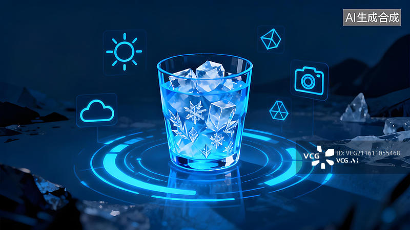 【AI数字艺术】冰杯与科技光效场景图片素材