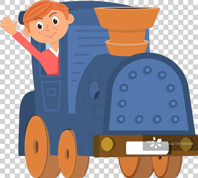 卡通小男孩在玩具火车头轨道上图片素材