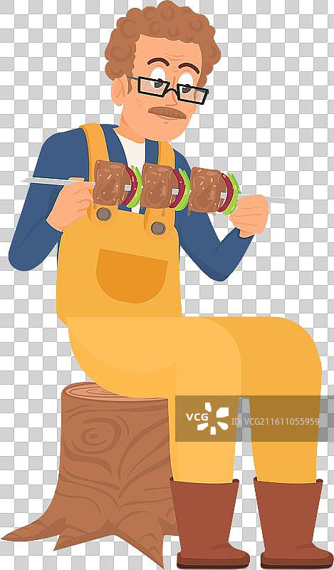 男人在户外野餐时吃烤肉串汉堡图片素材