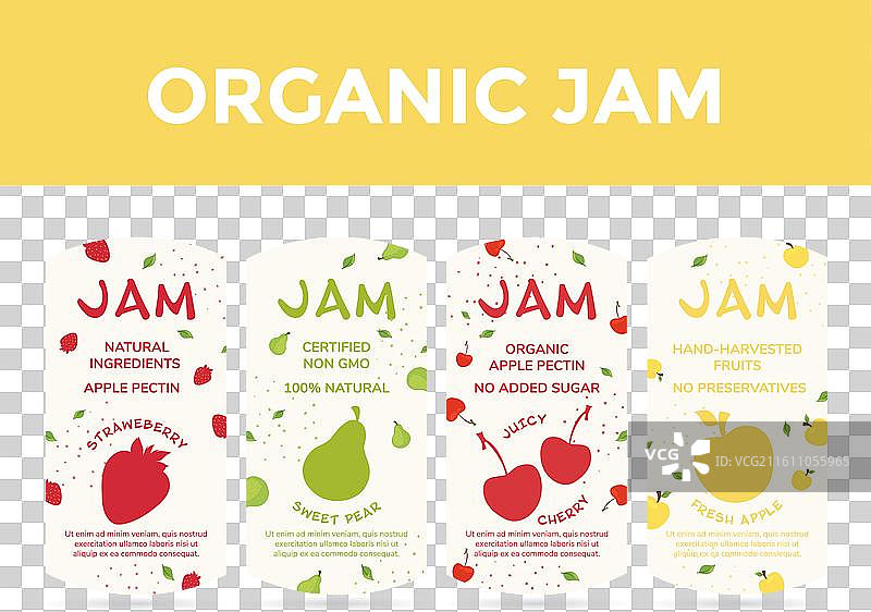 色彩鲜艳的有机果酱标签，带有新鲜水果图案图片素材