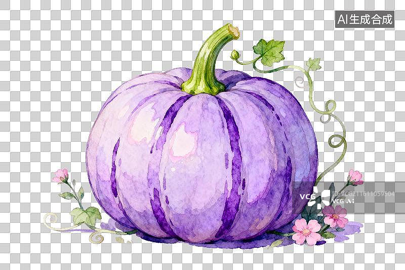 【AI数字艺术】紫色南瓜配藤蔓花朵装饰图案图片素材