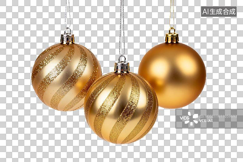 【AI数字艺术】三颗金色圣诞装饰球悬挂展示图片素材
