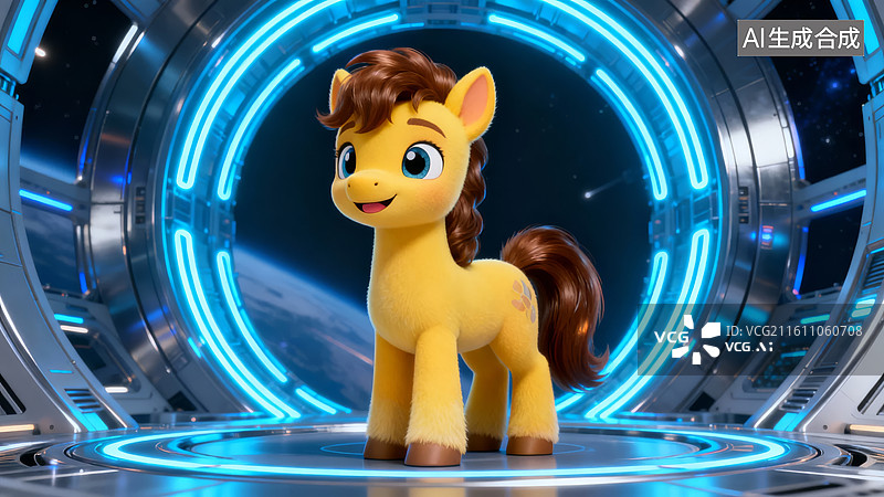 【AI数字艺术】卡通小马站在科技环内图片素材