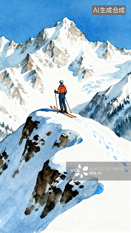 【AI数字艺术】站在雪山上的人的后视图  水彩唯美人物滑雪运动插画图片素材