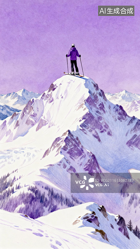 【AI数字艺术】滑雪者立于山顶 水彩唯美人物滑雪运动插画图片素材