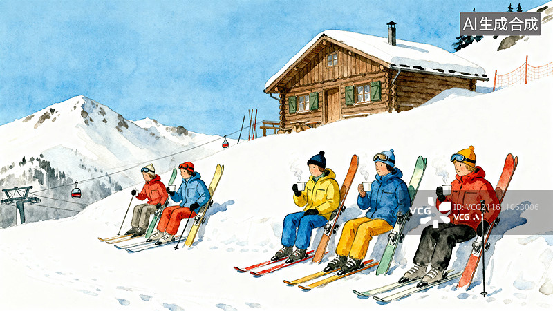【AI数字艺术】快乐的一家人坐在雪地里喝热饮图片素材