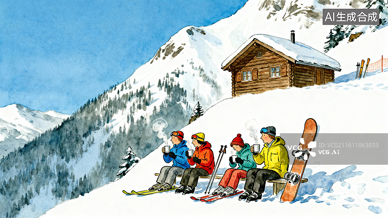 【AI数字艺术】滑雪累了 到驿站喝杯热饮 水彩唯美人物滑雪运动插画图片素材