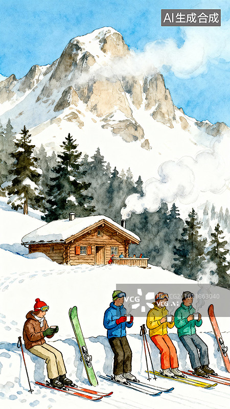【AI数字艺术】休息是捧着热气腾腾的饮料 水彩唯美人物滑雪运动插画图片素材