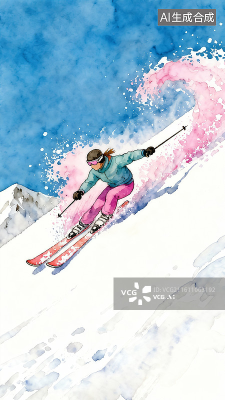 【AI数字艺术】青年女子户外滑雪 水彩唯美人物插画图片素材