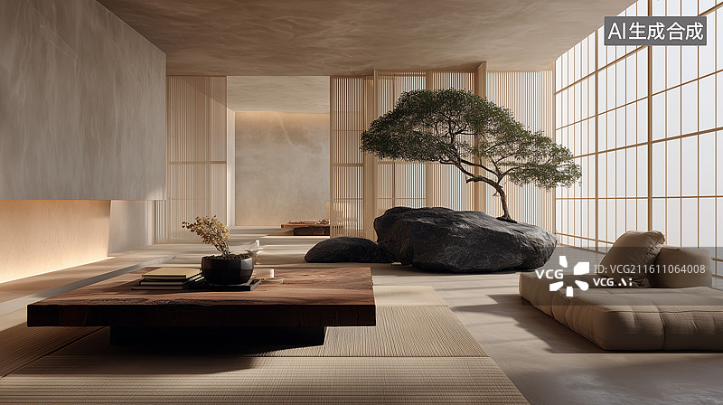 【AI数字艺术】日式禅意客厅图片素材