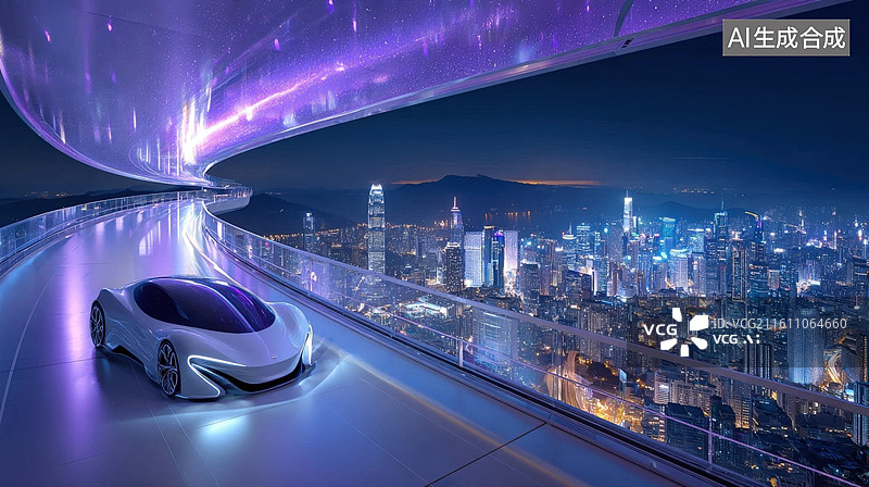 【AI数字艺术】未来主义电动汽车在城市天际线道路上图片素材