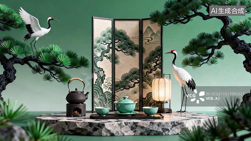 【AI数字艺术】松树和仙鹤舞台上的茶具场景图片素材