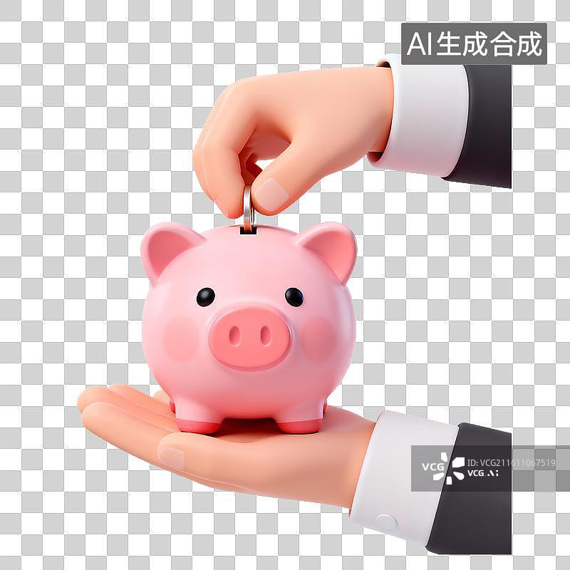 【AI数字艺术】手放硬币进粉色存钱罐图片素材