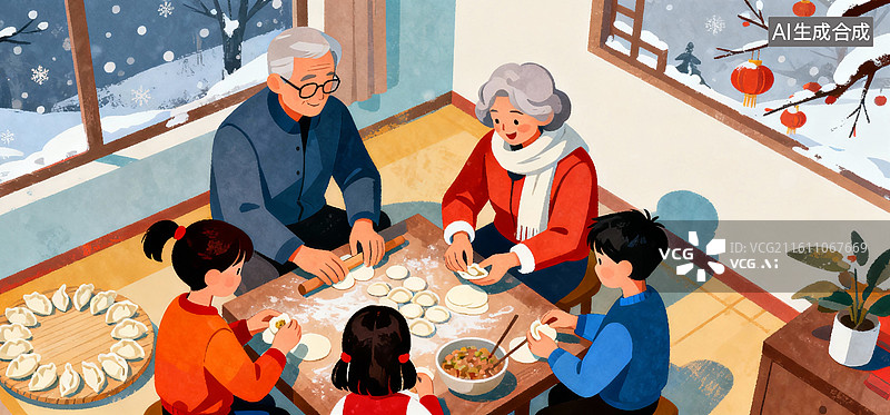 【AI数字艺术】爷爷奶奶和孩子们一起包饺子图片素材