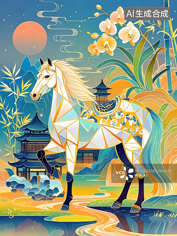 【AI数字艺术】中式骏马鬃毛插花造型图片素材