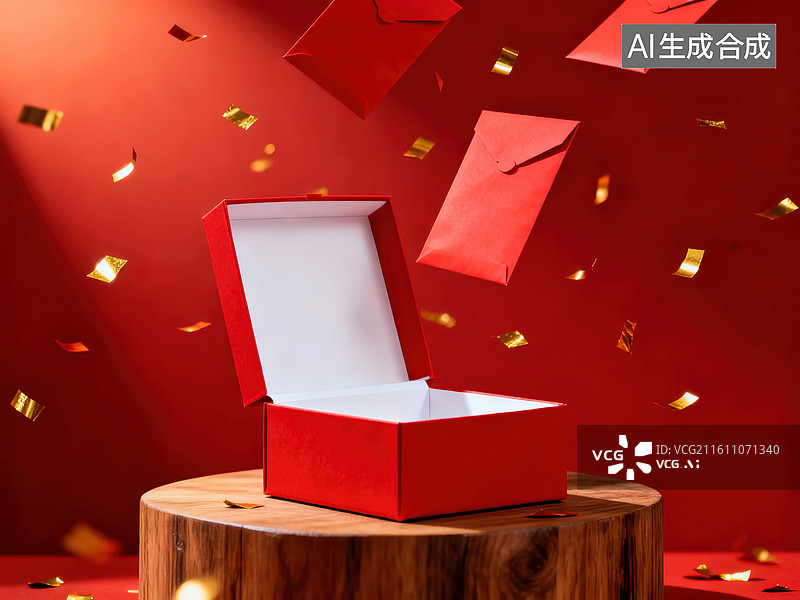 【AI数字艺术】红色礼盒开启，金色纸屑飘落图片素材