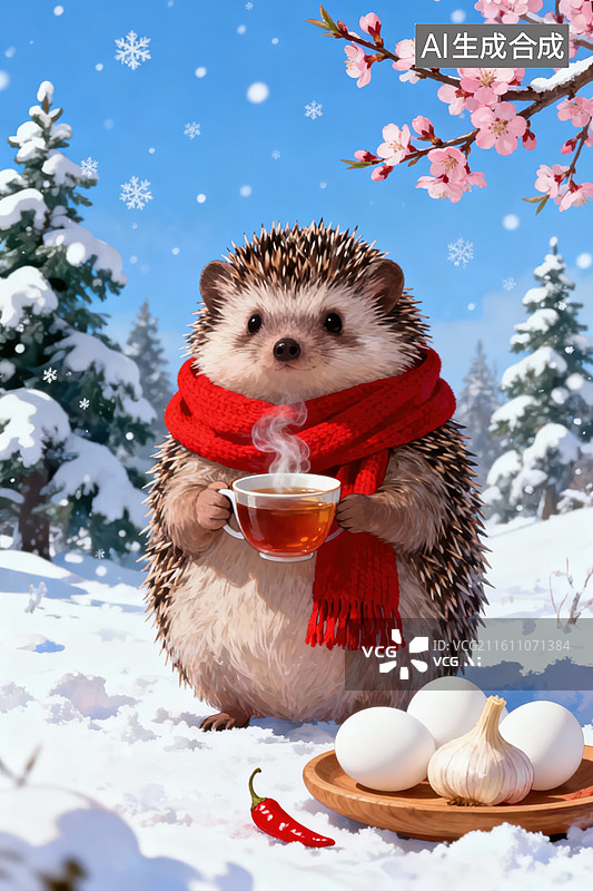 【AI数字艺术】刺猬雪中品茶图片素材