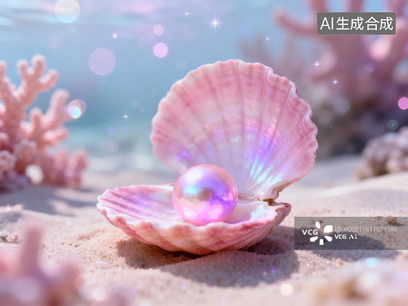 【AI数字艺术】贝壳中的珍珠在沙滩上图片素材