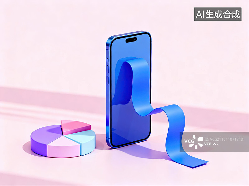 【AI数字艺术】蓝色手机与彩色饼图图片素材